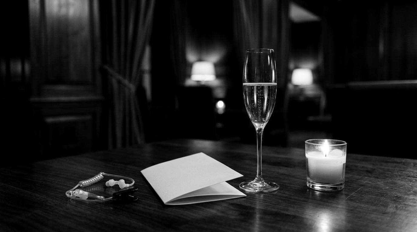 An earpiece, a folded card, a glass of champagne and a lit candle on a table in a dim panelled room