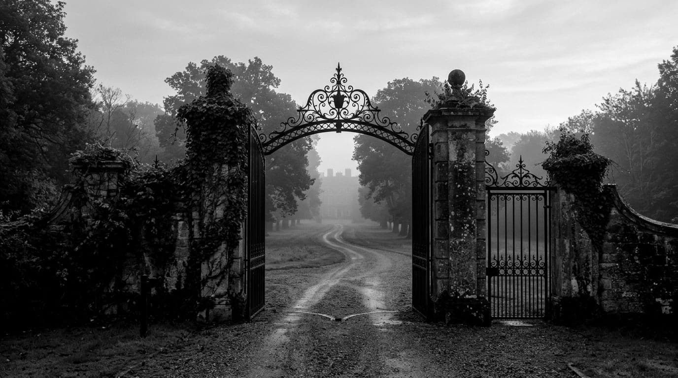 An illustration of open wrought iron estate gates, a misty drive leading away through trees