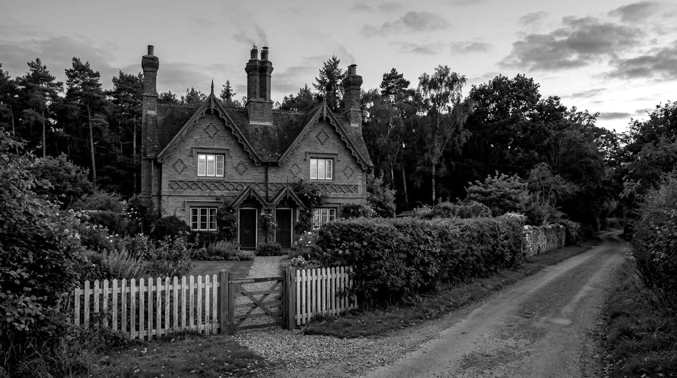 A pair of ornate brick estate cottages with decorated gables behind a picket gate at dusk, a lane and pine woods beside them