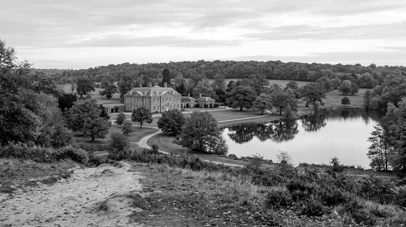 A large Georgian brick manor house in autumn parkland beside a lake, seen from a sandy heath path on a wooded ridge
