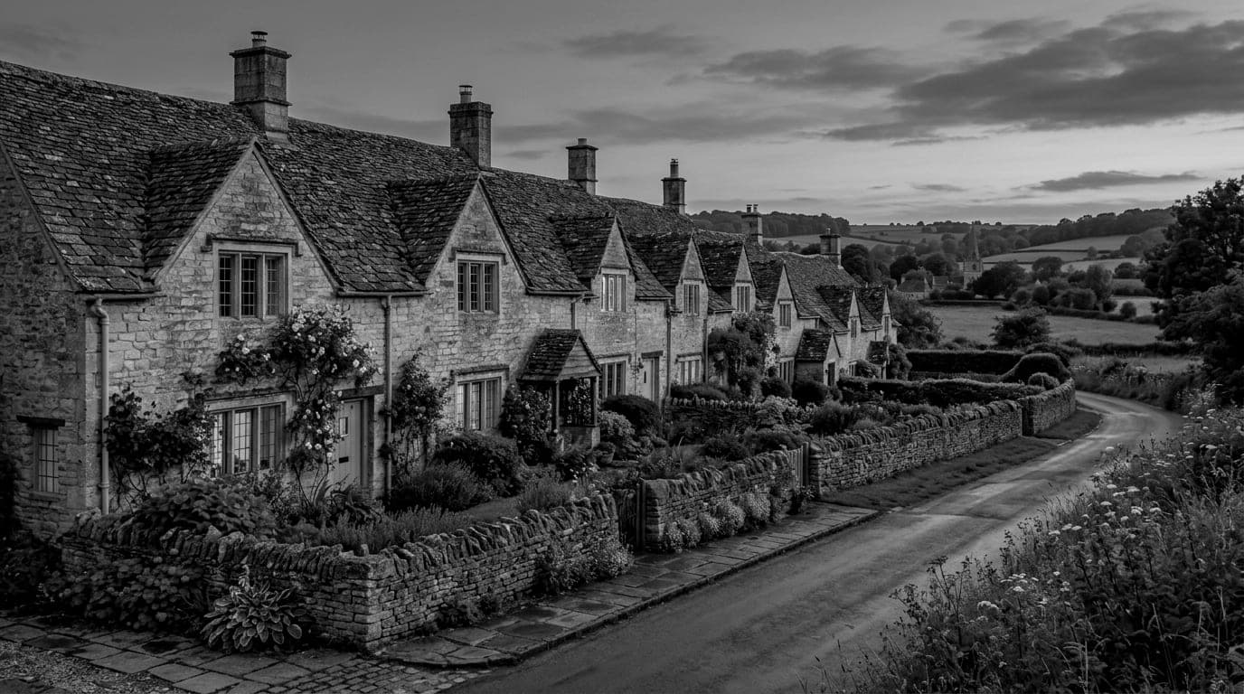 A terrace of limestone cottages with stone tiled roofs behind a dry stone wall beside a village lane at dusk
