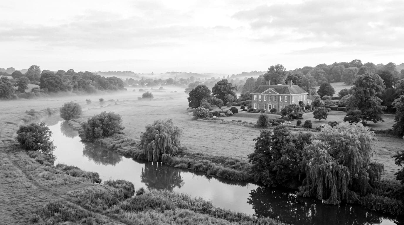 A red brick Georgian country house among trees above misty water meadows, a slow river edged with willows in front