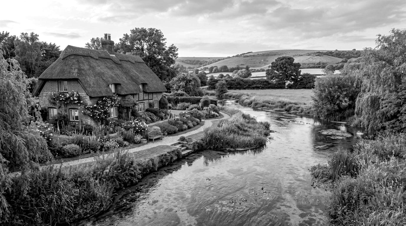 A thatched brick cottage with a flower garden running down to a clear chalk stream, willows and a chalk hill beyond