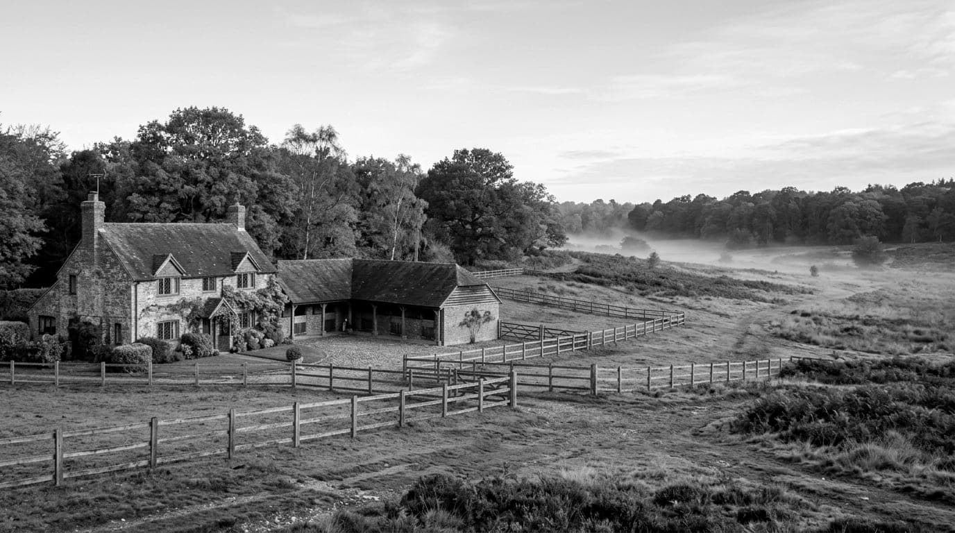 Stable block and brick house across empty paddock rails, heathland and autumn oaks fading into morning mist
