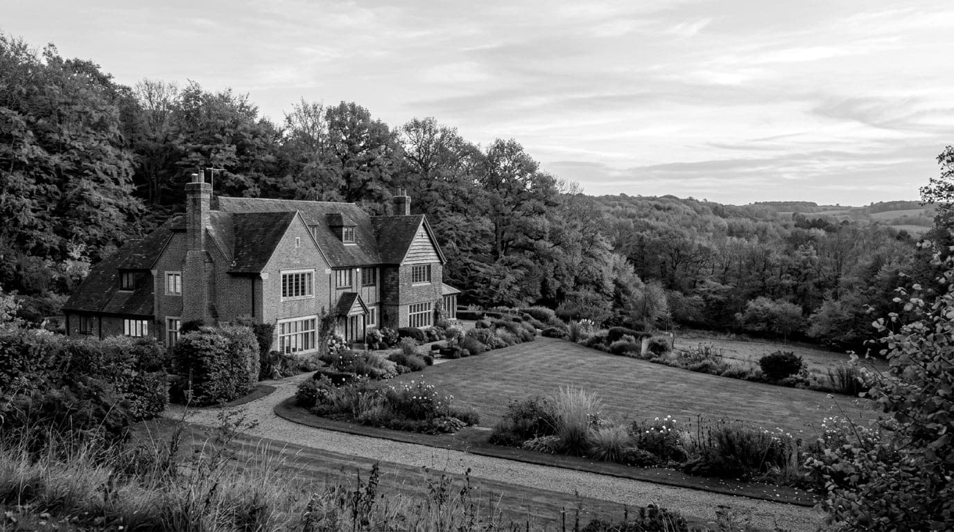 A large brick family home with a long lawn and planted borders, backed by beech and oak woods in autumn colour