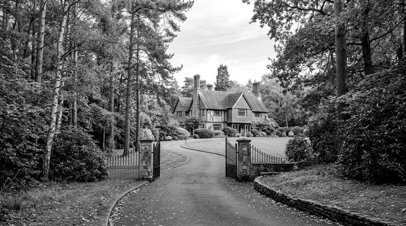 Open iron gates on a drive winding between pines and rhododendrons to a tile hung house with tall brick chimneys