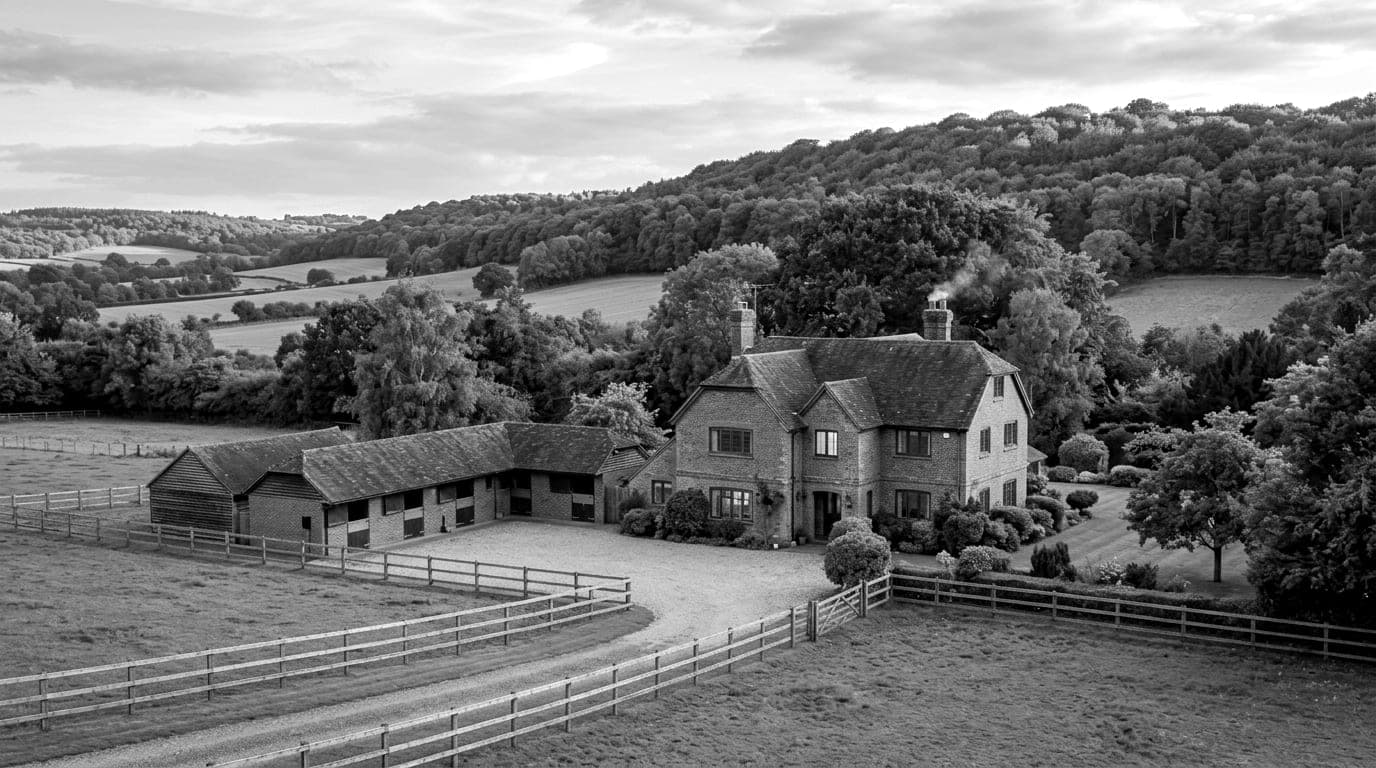 A brick country house and stable block behind post and rail paddocks, with a wooded ridge rising behind