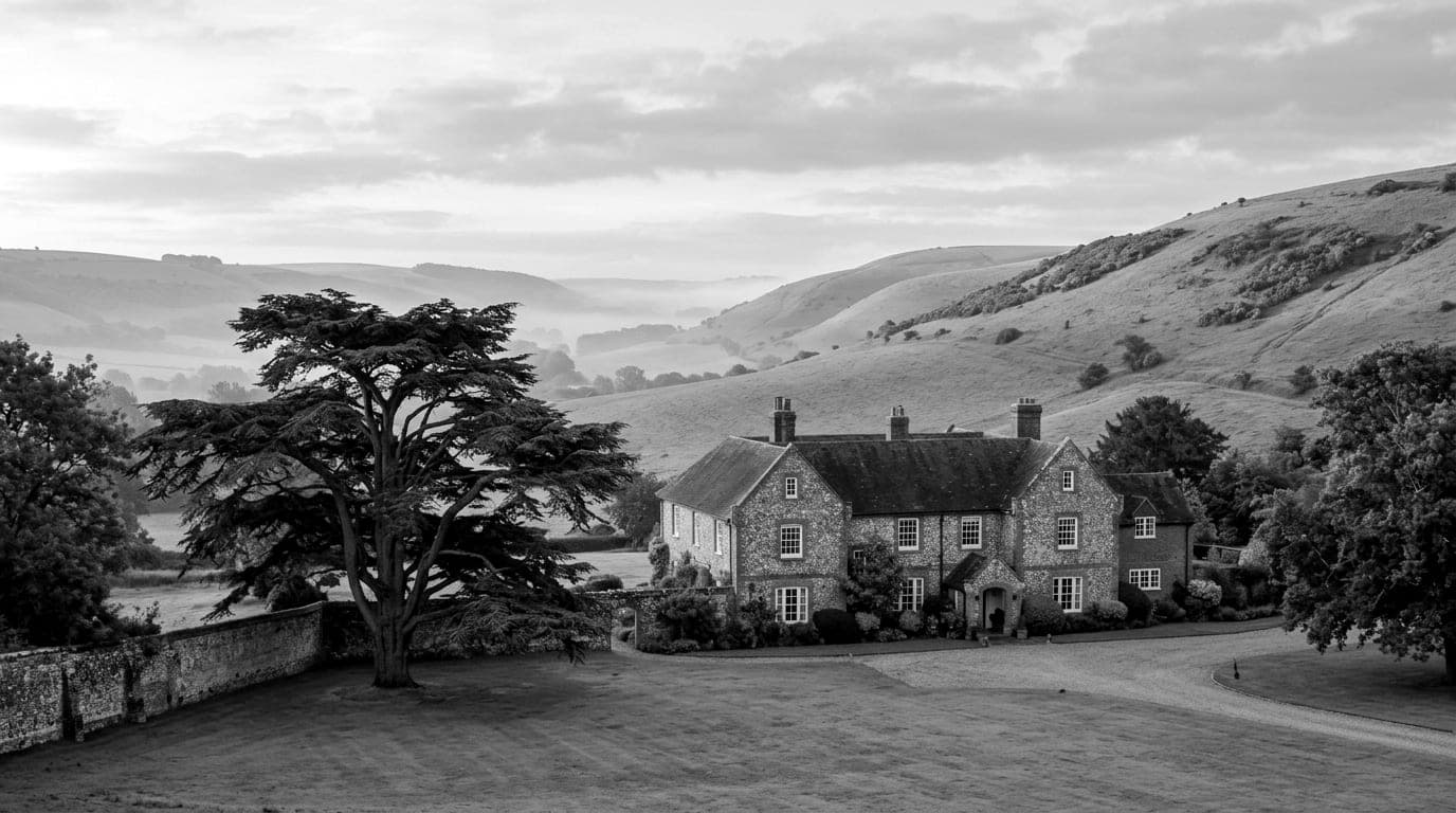 A flint and brick country house with a walled garden and a large cedar, below green downland slopes in morning mist