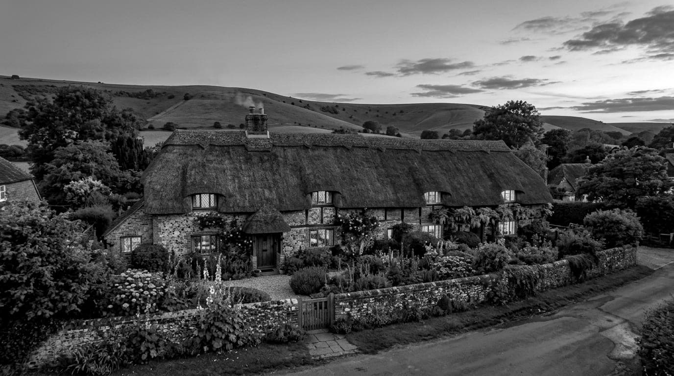 A long thatched flint cottage lit up at dusk behind a low flint wall and flower garden, downs in the background