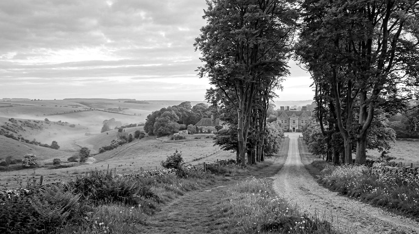 A gravel drive between tall beech trees leading to a brick and stone country house, misty rolling downland to the left