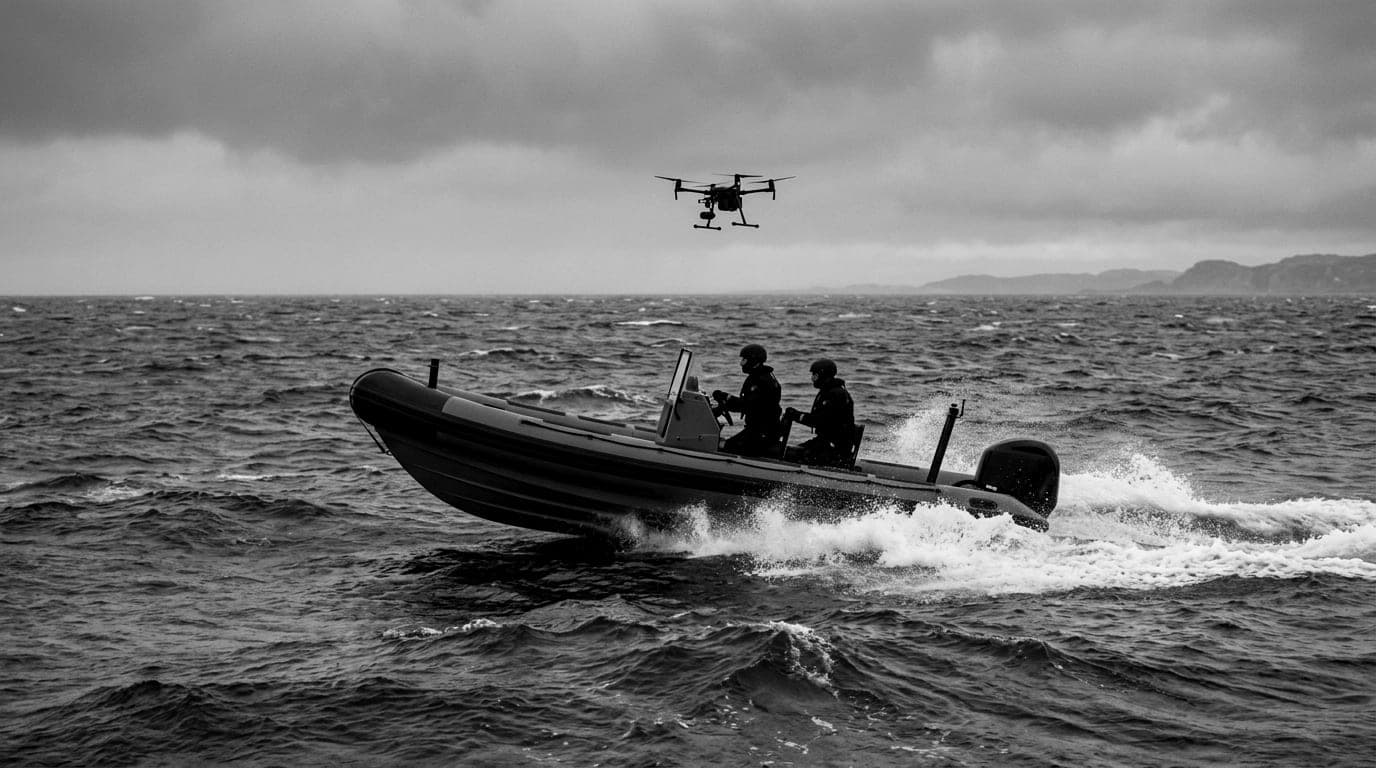 A rigid inflatable boat with two crew at speed on grey open water, a drone flying above it, under low cloud